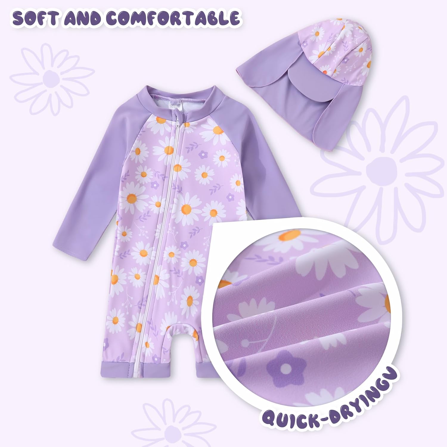 Toddler Baby Girls Swimsuit One-Piece Zipper Swimwear UPF 50+ Sun Protection Bathing Suit with Hat - Image 6