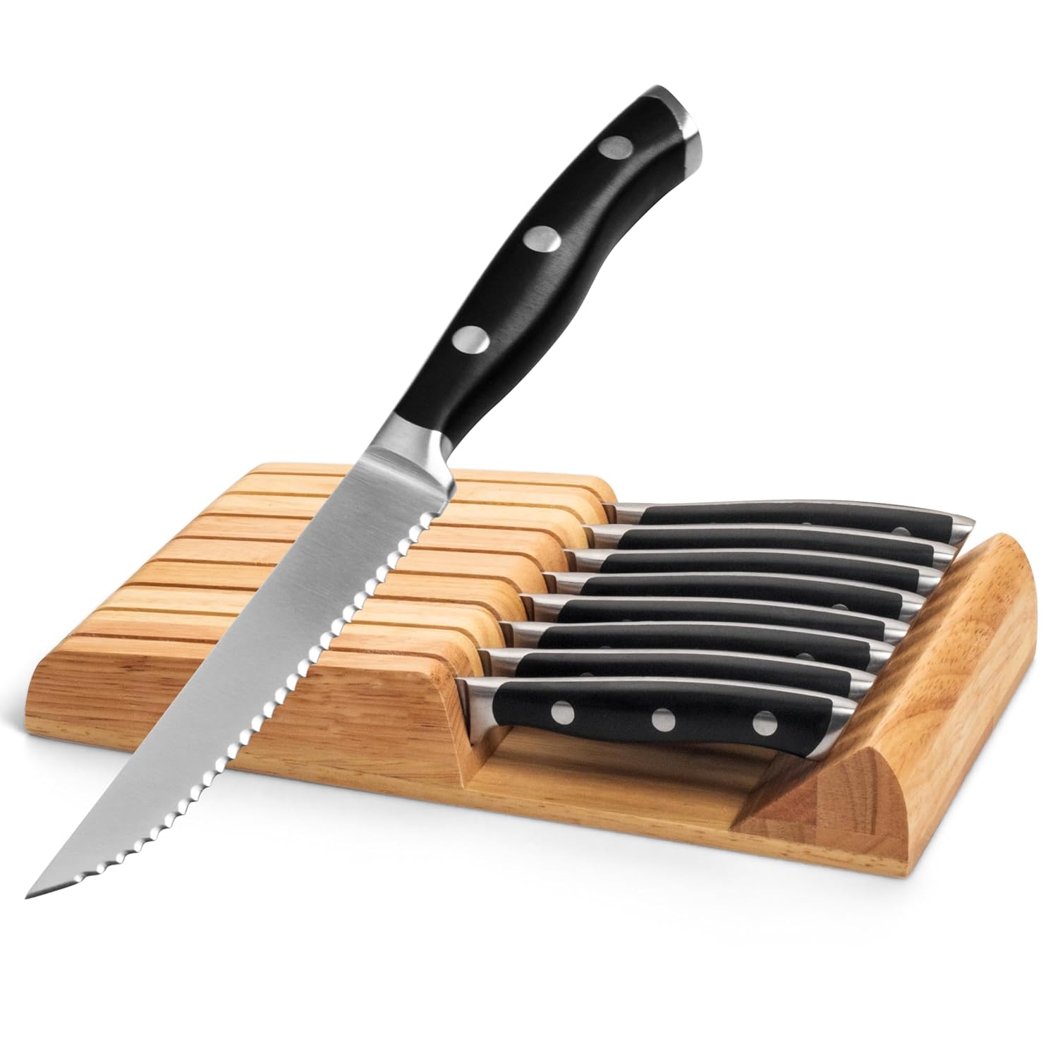Alata 8-Piece Steak Knives Set with Block 4 7 Inch with Serrated Edge Razor-Sharp Dinner Knives Full-Tang Construction