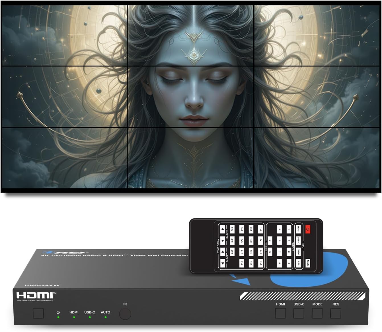OREI 4K 3x3 Video Wall Controller HDMI/USB-C Processor Display Upto 1080p Output - 2x2, 1x2, 1x4, 1x3, 2x3, 3x2, 2x4, 4x2 Supports 180 Degree Rotate RS-232 Audio Extraction (UHD-29VW)