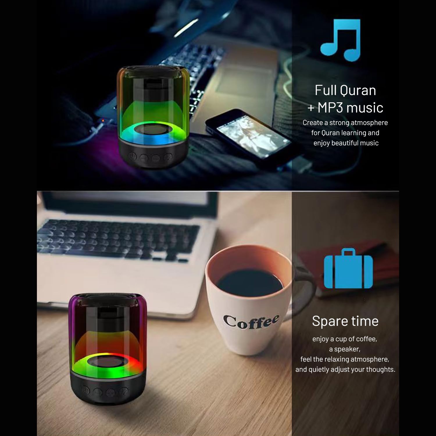 Mini Quran, Coque Transparente 3D avec éclairage Vague Aquatique, Bluetooth 5.0, Son Surround HD 360° et Basses, Application/télécommande, 18 récitants et 15 Langues, pour Les musulmans