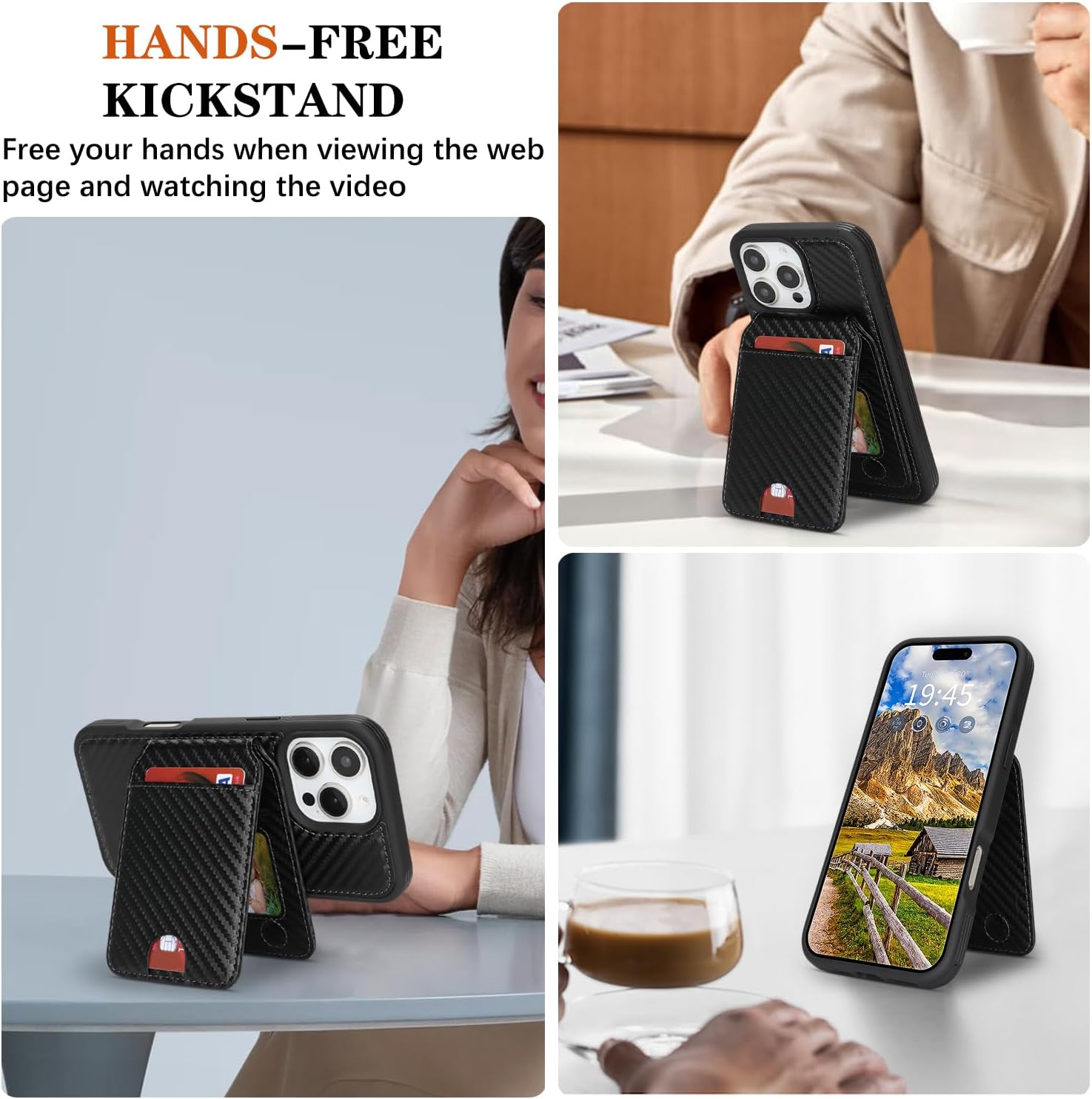 Ｈａｖａｙａ Magnetic Wallet Case for iPhone 16 Pro - Detachable 2-in-1 Carbon Fiber Cover Compatible MagSafe，with Card Holder & Kickstand - Black