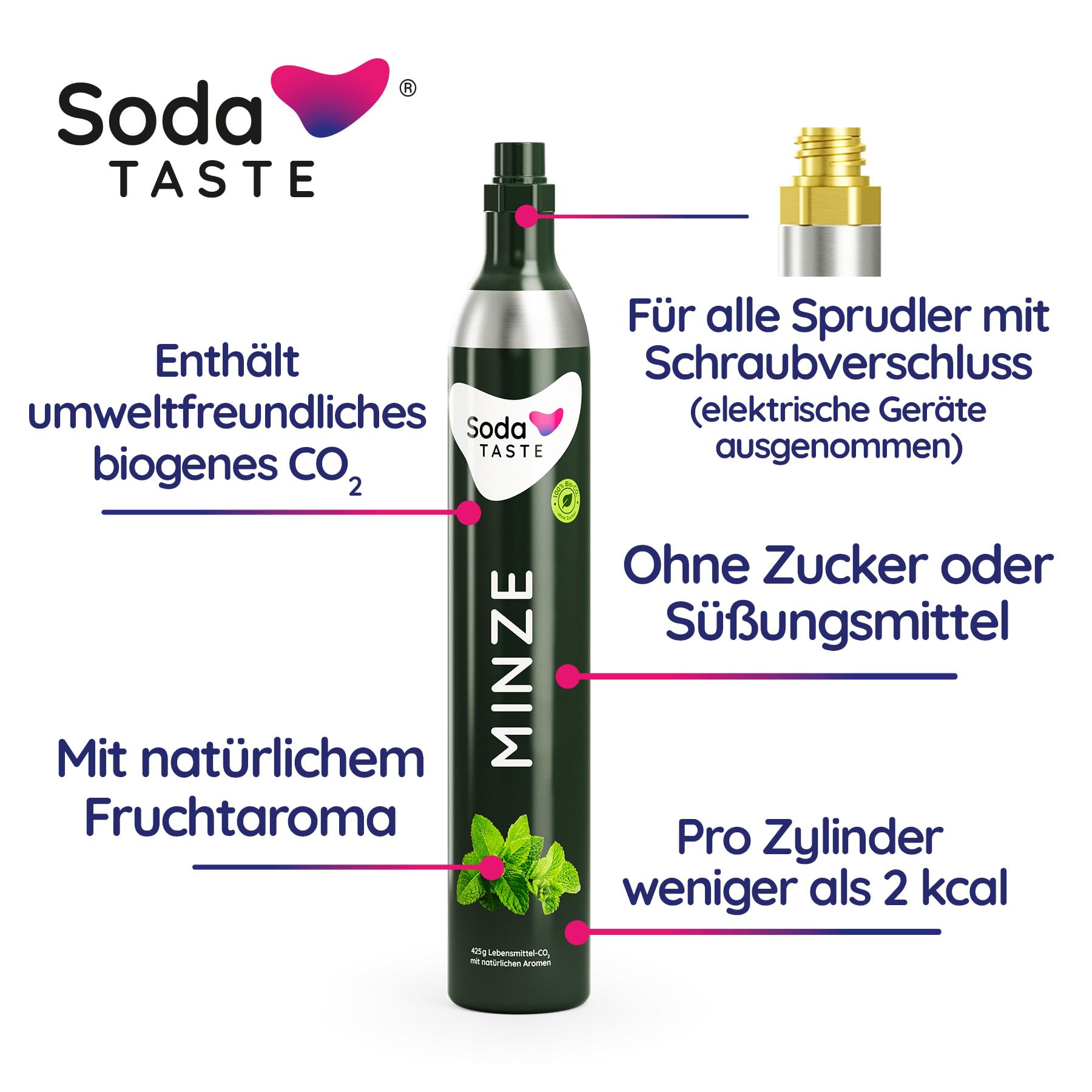 SodaTASTE CO2-Zylinder kaufen 4er-Pack (Reservezylinder) für Wassersprudler, mit natürlichem Minzaroma, ohne Sirup, für bis zu 240l gesprudeltes Wasser mit Geschmack, zuckerfrei
