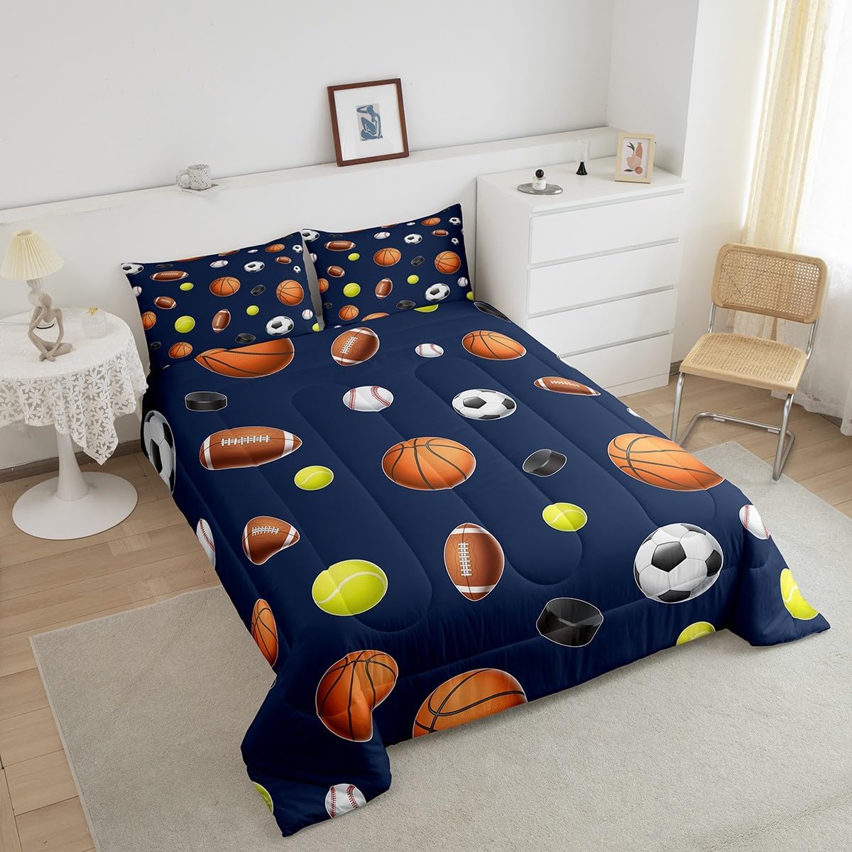 Feelyou Ball Gaming Duvet Quilt Kids Sports Game Bedding Set Twin Size Football Baseball Comforter Set for Women Men Room Decor Breathable Soft Lightweight Microfiber Toddler with 1 Pillow Case