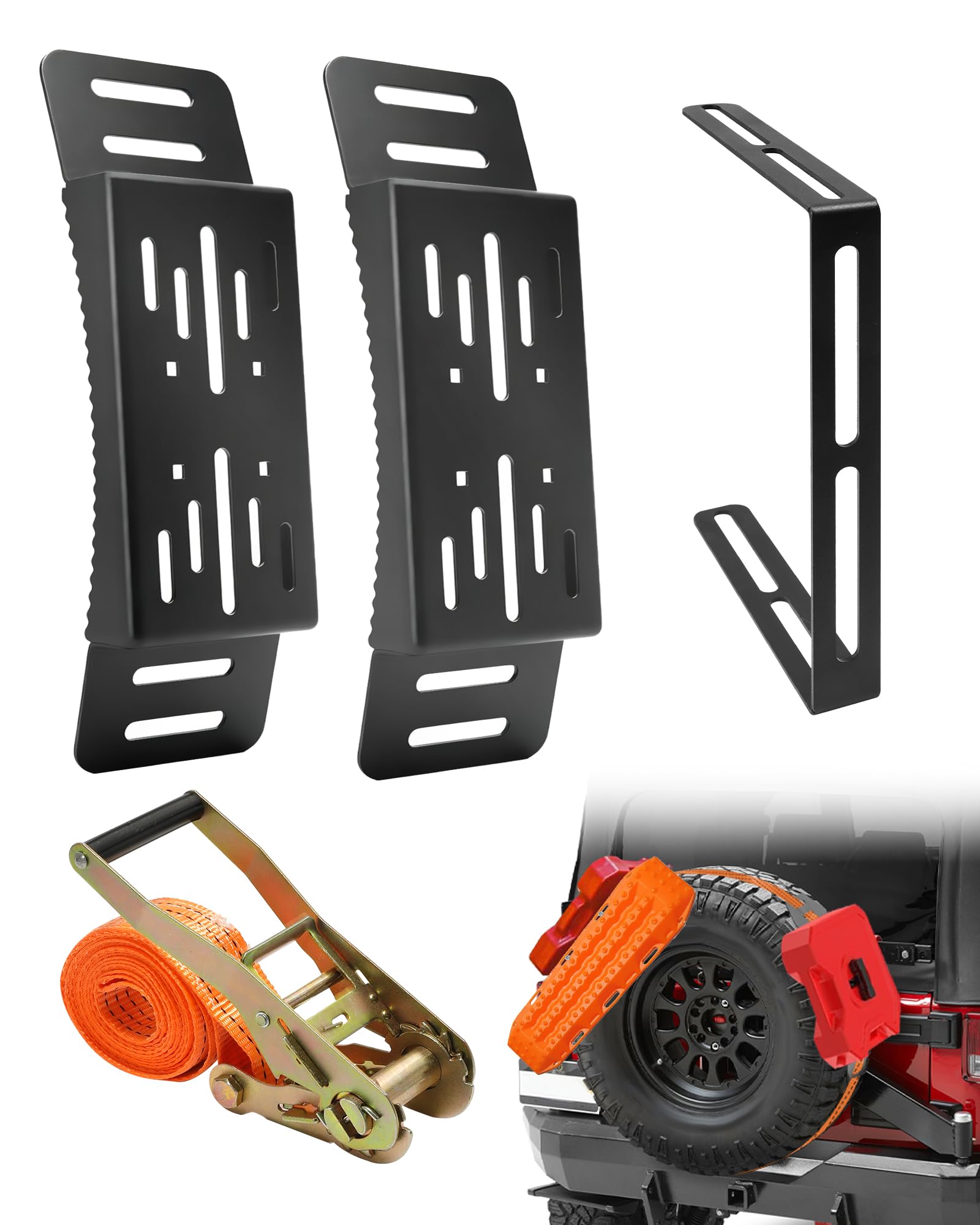 2 Pcs Universal Quick Release Spare Tire Mount, with Ratchet Strap and Vehicle Traction Boads Bracket, Steel, Fit for 30”-40” Diameter Tires