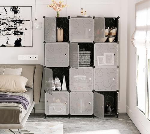 Miniatura 2 de AWTATOS Organizador de almacenamiento de 12 cubos con puertas, estante de plástico de bricolaje para armario, estantería modular, estante apilable