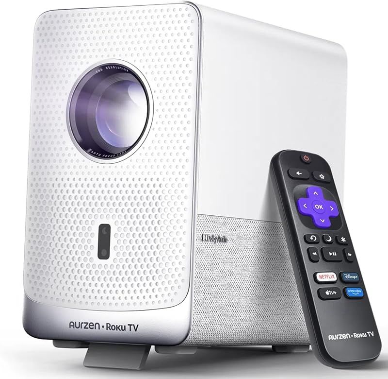 Aurzen Roku TV D1R Cube Smart Outdoor Projector with WiFi and Bluetooth | Roku TV Built-in, Sealed Optical Engine, 1080P FHD, DoIby Audio, Portable Mini Projector for Home/Outdoor Movie Soccer Game
