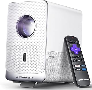 Aurzen Roku TV Smart Projector with Wifi and Bluetooth, D1R Cube Roku Streaming Experience Built-in, Sealed Optical Engine, 1080P FHD, DoIby Audio, Portable Mini Projector for Home/Outdoor Movies