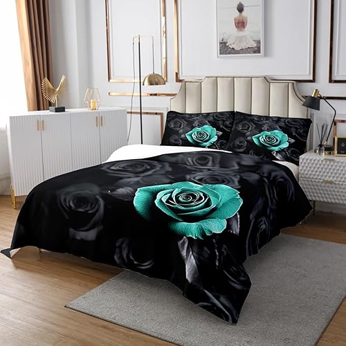 Miniatura 3 de Erosebridal Juego de colcha romántica floral de rosas negras y verde azulado, juego de colcha de rosas 3D para dormitorio de mujeres y niñas,
