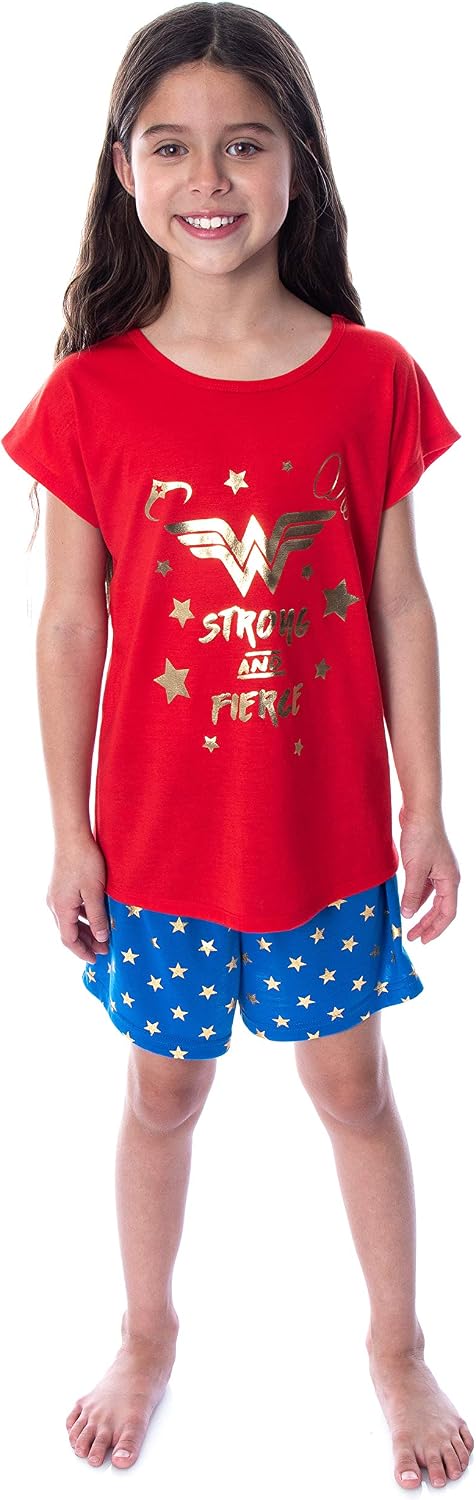DC Comics Girls' Wonder Woman Strong and Fierce Shirt and Shorts Loungewear 2 Piece Pajama Set