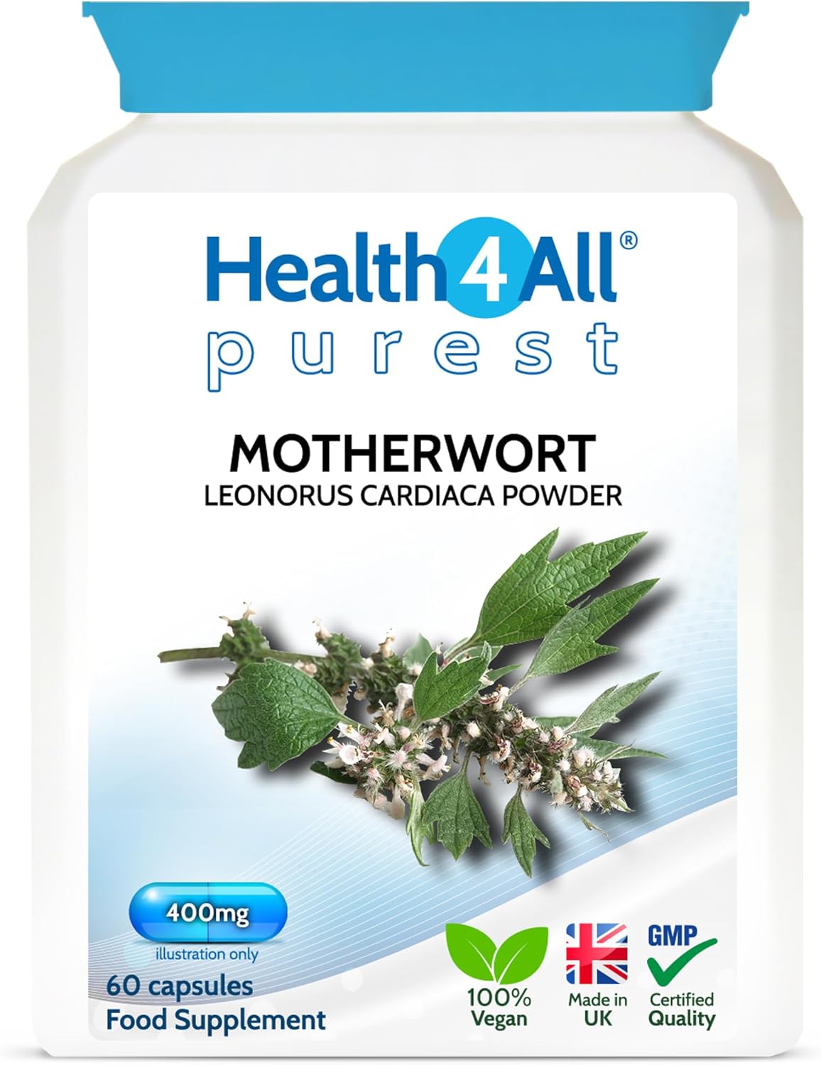 Heath4All Motherwort 400mg, 60 Capsules 2 Months Supply, Anxiety, Stress and Heart Health Supplement, Purest Vegan Herbal Capsules (not Tablets nor Tincture), Nervine Tonic | Made in UK