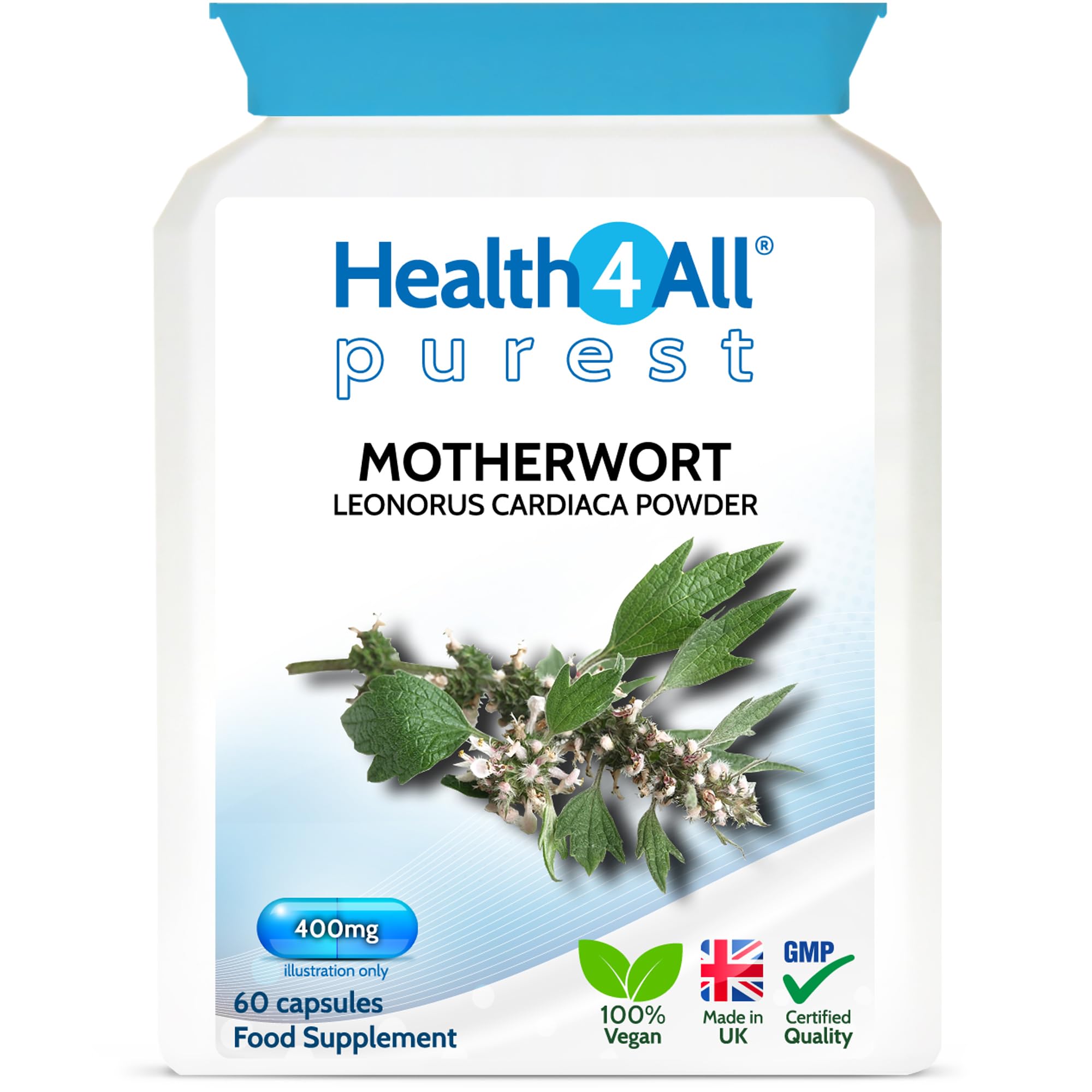 Heath4All Motherwort 400mg, 60 Capsules 2 Months Supply, Anxiety, Stress and Heart Health Supplement, Purest Vegan Herbal Capsules (not Tablets nor Tincture), Nervine Tonic | Made in UK