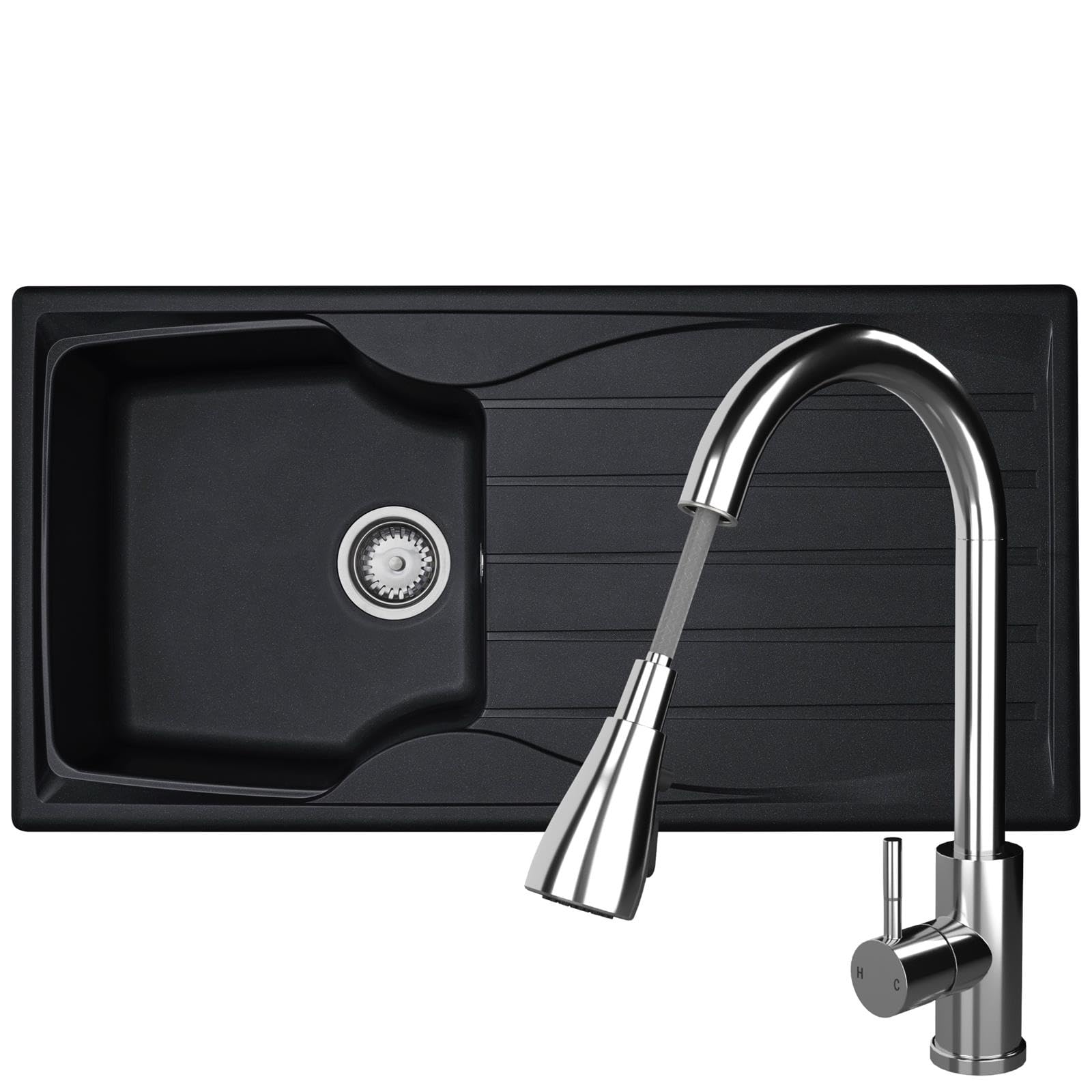 B&Q -  Cmp10Bl 1.0 Bowl Reversible Black Kitchen Sink And Kpo11Ch Chrome Tap