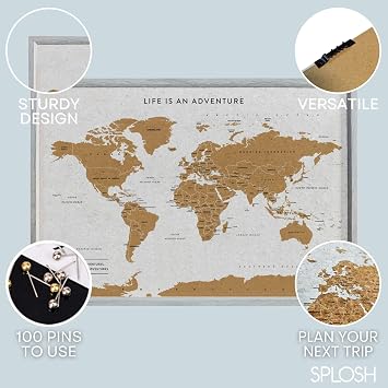 Splosh Travel Map - Desk World Map Pin Board in Grey, Wooden Frame. World Map Cork Board with 100 Pins in 2 Colours to Mark Your Past and Future Adventures Framed World Maps for Desks.