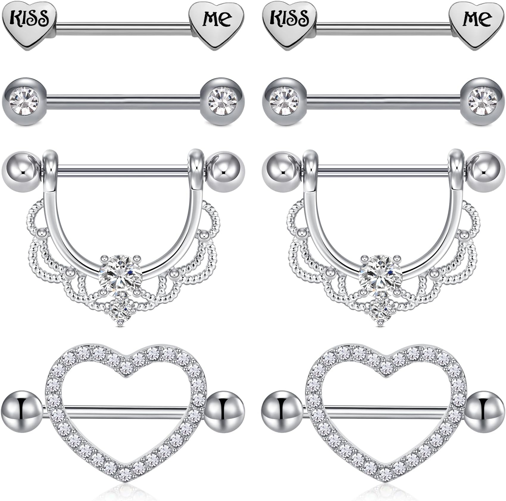Silver Nipple Bars Nipple Shield Rings Set 14G Stainless Steel 16mm Nipple Piercing Jewellery Rosegold CZ Opal Crystal