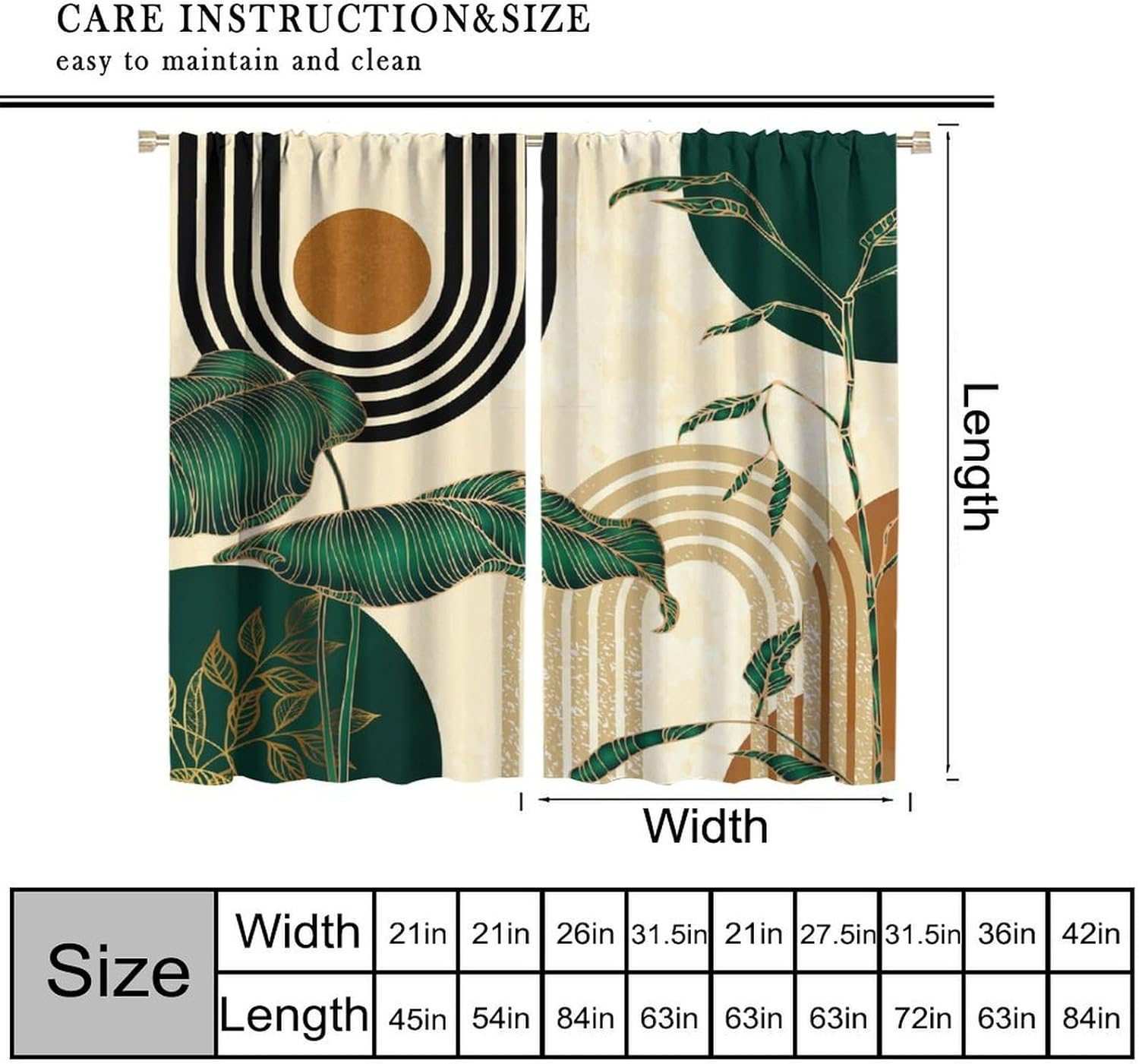 Green Boho Modern Blackout Curtains,Abstract Minimalist Retro Mid Century Art Printed Window Drapes for Bedroom Living Room Kitchen Decor Fabric 2 Panel 42x54 Inch 80% Shading Rate