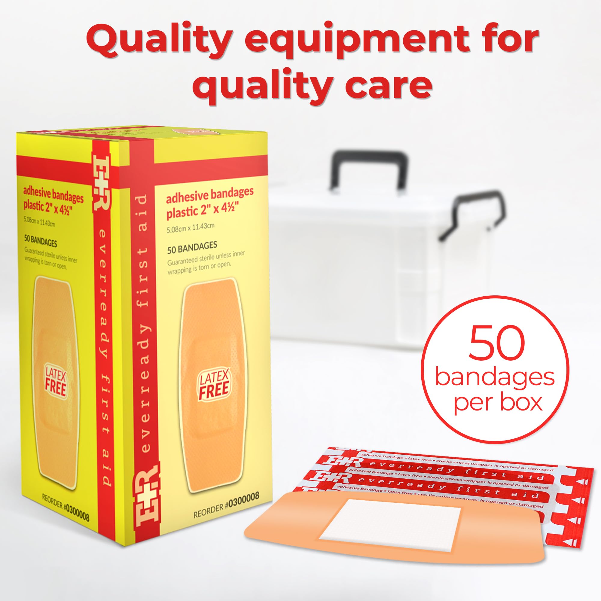 Ever Ready First Aid 2” x 4 ½” Plastic Adhesive Bandages, Latex-Free, Sterile Strips for Wound Protection – 50 Count