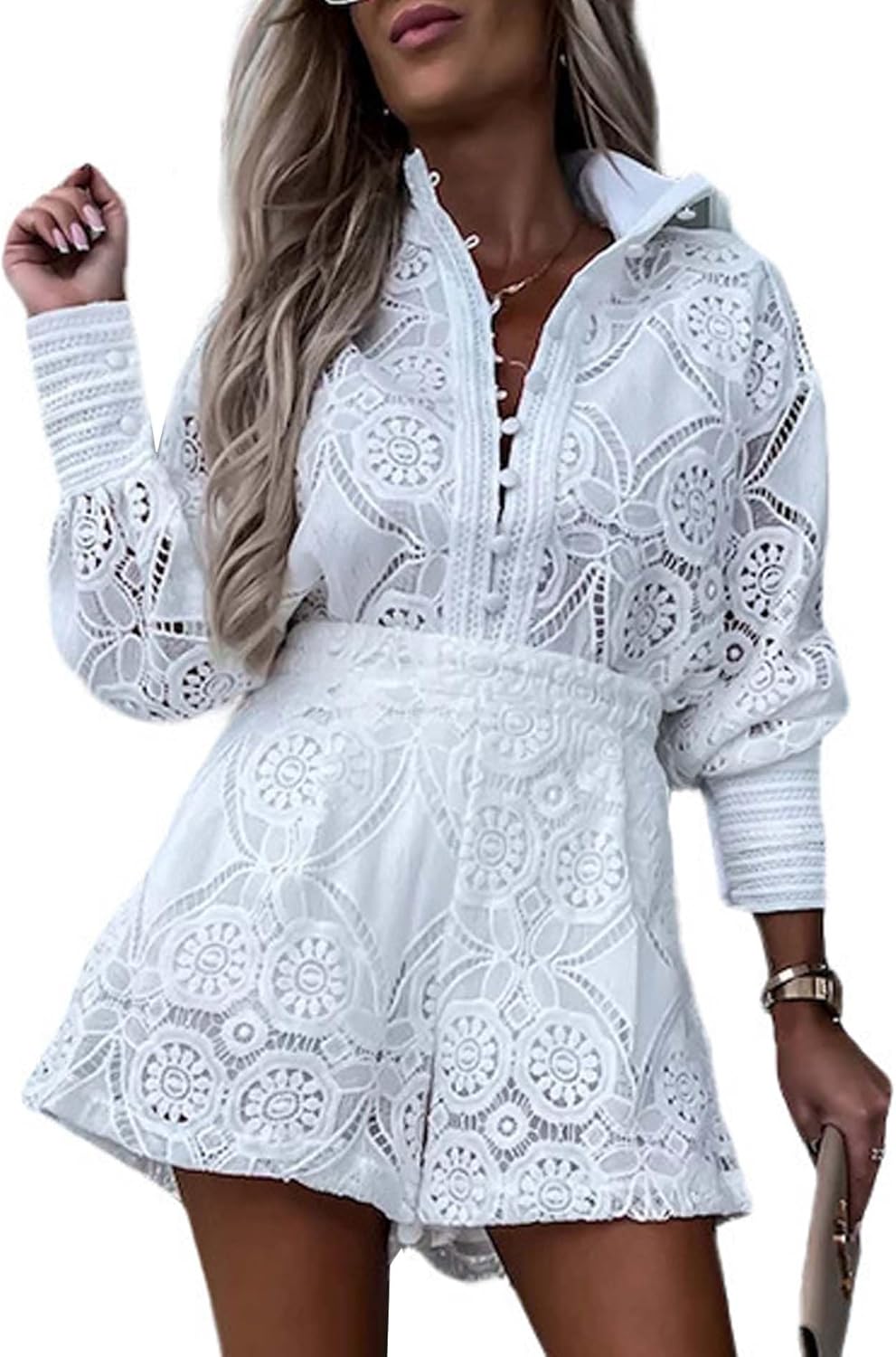 SOMTHRON Women's Summer Eyelet Lace Two Piece Outfits Long Sleeve Blouse Tops Shorts Floral Embroidery Set