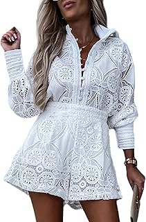 Women's Summer Eyelet Lace Two Piece Outfits Long Sleeve Blouse Tops Shorts Floral Embroidery Set