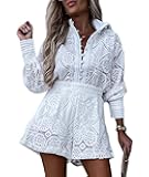 SOMTHRON Women's Summer Eyelet Lace Two Piece Outfits Long Sleeve Blouse Tops Shorts Floral Embroidery Set