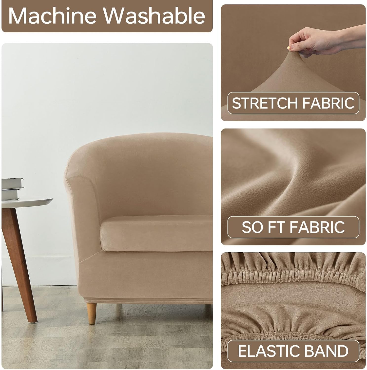 Deisy Dee 2 Piece Velvet Club Chair Slipcover Stretch Barrel Chair Covers Accent Chair Cover Removable Couch Furniture Protector Arm Chair Cover for Living Room (Khaki)