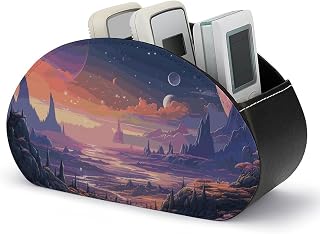 PU Leather Remote Control Holder with 5 Compartments, Colorful Retro Space Theme Printed TV Remote Caddy Storage Box,Desk Storage Organizer Box for TV Remotes/Media Controllers/Office