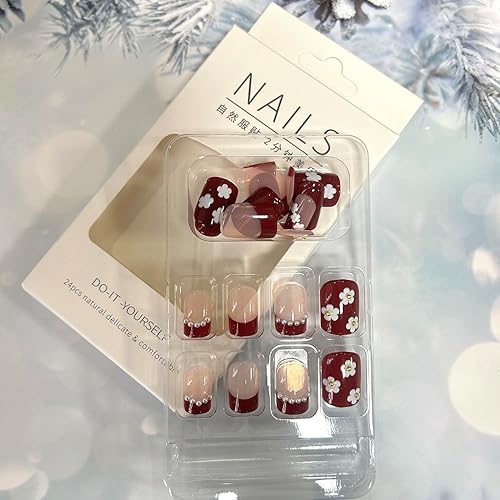 Miniatura 5 de TBRZTR 24 uñas postizas cuadradas acrílicas artificiales cortas con diseños de perlas de flores blancas, cobertura completa, reutilizables,