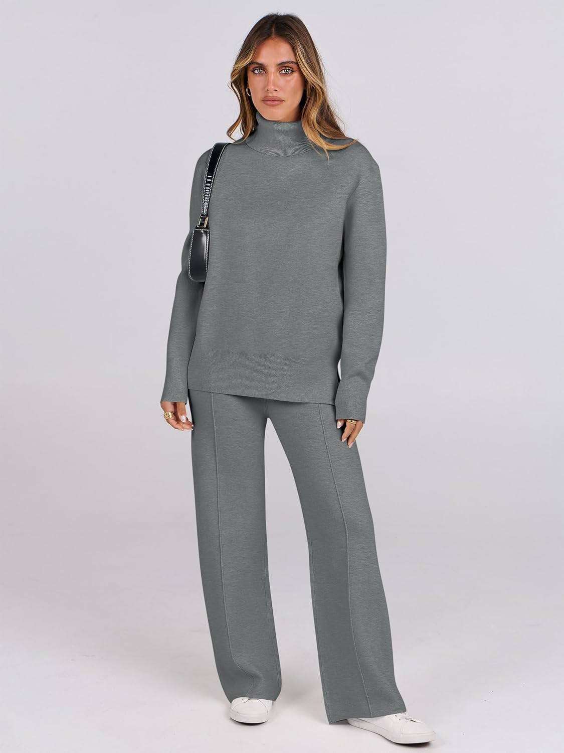 ANRABESS Womens 2 Piece Outfits Turtleneck Matching Lounge Set Sweater Top Wide Leg Pants Fall Cozy Knit Sweatsuit Loungewear - Image 2