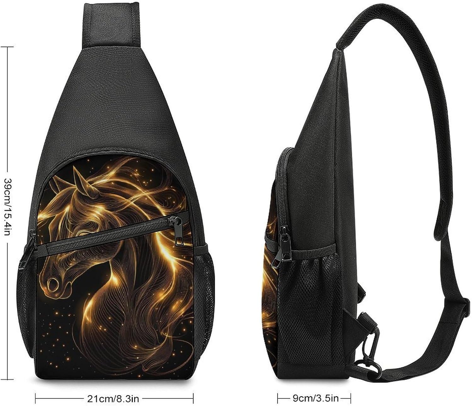 Glowing Golden Horse Head Crossbody Sling Backpack Chest Bag Daypack | unisex,trendy,with convertible and detachable shoulder strap,side pockets