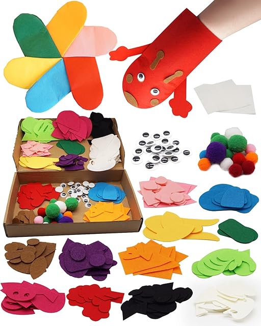 CreepyParty Kids Felt Puppet Art Set Toy Children Craft Kits Animal Making Kit Puppet Include Pom Poms, Girls Toddler Toys