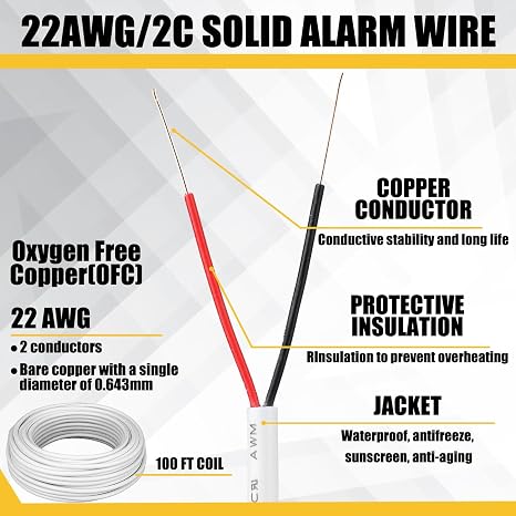 Timgle 22/2 White Solid Door Bell Wire100ft Stranded Fire Security Alarm Cable CMP/CL3P Shielded Rated Burglar Station for Low Voltage LED, Burglar System, Fire Detector, Door, 22AWG
