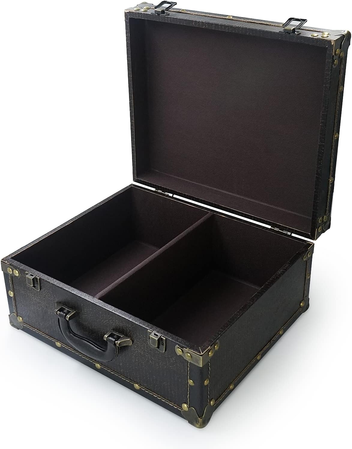 DreamsEden Large Wooden Decorative Storage Trunk - Wood Leather Treasure Chest Box Vintage Suitcase, 13.8" x 11.8" x 6.9"