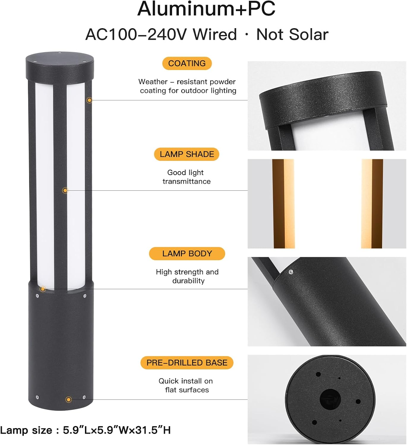 Outdoor Pathway Lights, 31.5" Wired Bollard Lights Outdoor, IP65 Waterproof Landscape Path Light, 3000K LED Mordern Pathway Bollard Light, Driveway Lighting for Garden Yard Walkway Sidewalk Lawn