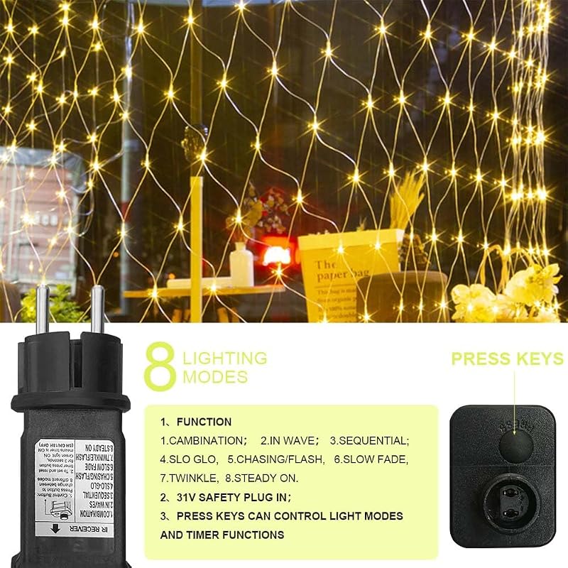 Liyade Kültéri Fényfüggöny 3x2m - 200 LED Meleg Fehér Világítás IP44 Vízálló - Távirányítós Időzítő 8 Üzemmóddal Kertbe, Bokrokra, Karácsony