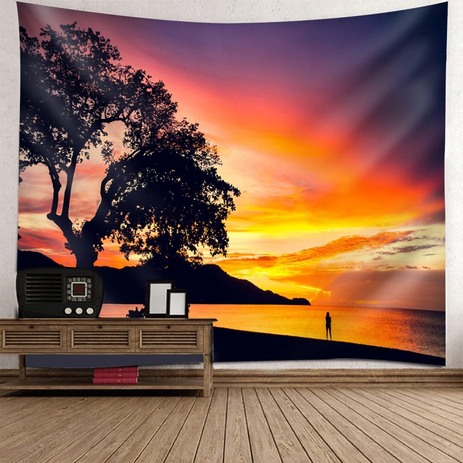 Skcess Tapiz de poliéster de 240 x 220 cm, tapiz, para colgar en la pared, color beige y gris