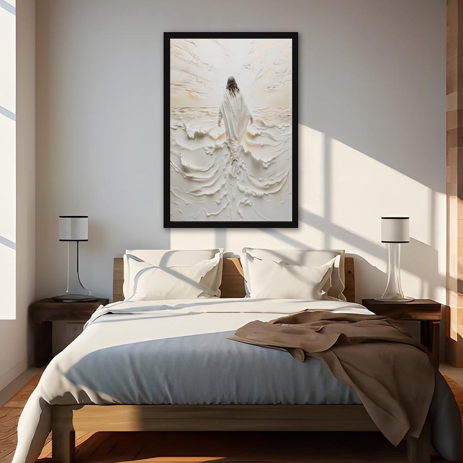 Jesus Walking on Water 3D Textured Wall Art, Modern Christian Decor for Bedroom & Living Room, Stylish Black Frame, Ready to Hang - 16x24 Inches Black Framed 16"L x 24"W