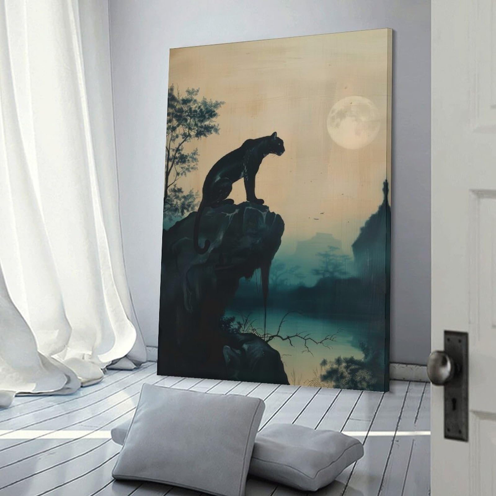 Junmoney Frame-Style-14 Black Panther Under Moonlight Room Decor Wall Art 16X24inch(40X60cm), For Entrance Walls, Hall Decor Or Foyers, A Neat Decor Update For Hallways