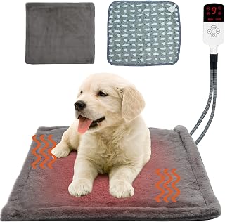 Pet Heating Pad, Temperature Adjustable Winter Heating Mat for Dogs and Cats Auto Power-Off Timer Anti-Bite Stainless Steel Wire Waterproof Warm Bed Pad with Cover