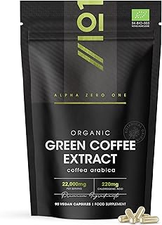 Organic Green Coffee Bean Extract 22,000mg – Standardised 220mg Chlorogenic Acid – 90 Vegan Capsules – Coffea Arabica Bean Extract - by Alpha01