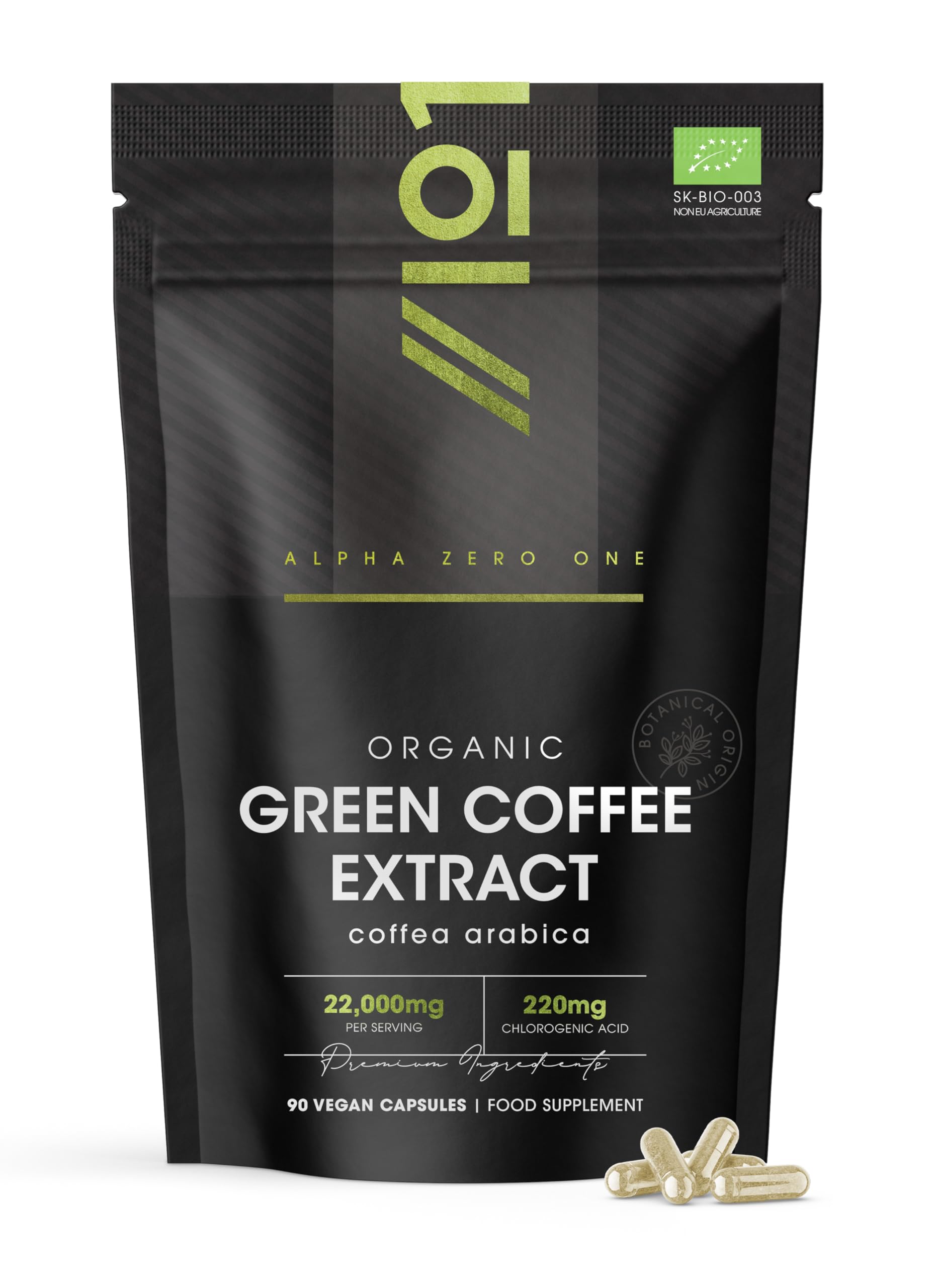 Organic Green Coffee Bean Extract 22,000mg – Standardised 220mg Chlorogenic Acid – 90 Vegan Capsules – Coffea Arabica Bean Extract - by Alpha01