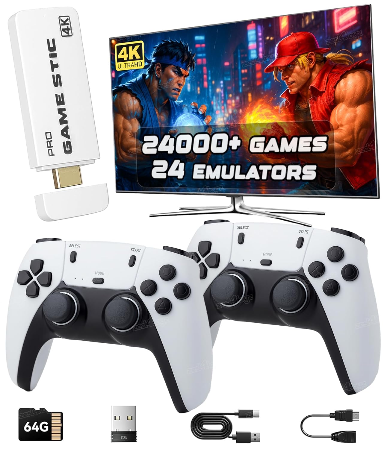 Zest 4 Toyz Retro Game Console Stick with 2.4G Wireless Controllers 1080P HD Wireless Video Games Plug & Play TV Video Game Set for 2 Player with 24 Emulators 24000 Games for Kids and Adults (White)