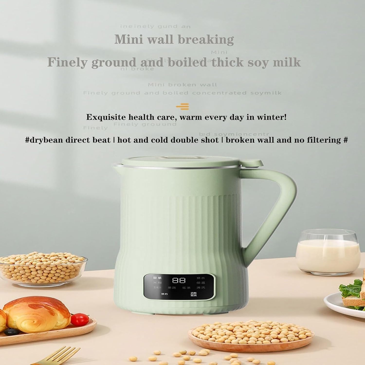 Mini Soybean Milk Maker, Mini Juicer Portable Soy Milk Machine with 8 Functions, Juicer Maker, Free Filtering, Self Cleaning for Household (Color : Green)