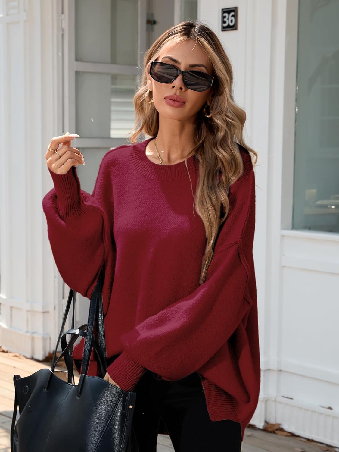 SunnyMelody Womens Oversized Batwing Sweater Fall 2025 Crew Neck Pullover Knit Tops - Outside Seam, High-Low Hem, Side Slit - Image 4