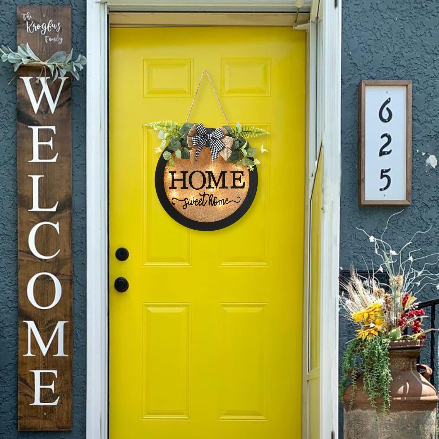 HOMCDALY Welcome Sign for Front Door, Door Wreaths for Front Door Outside, Farmhouse Welcome Wooden Door Hanger, Rustic Wall Door Sign, Seasonal Home Decorations (F-Black)