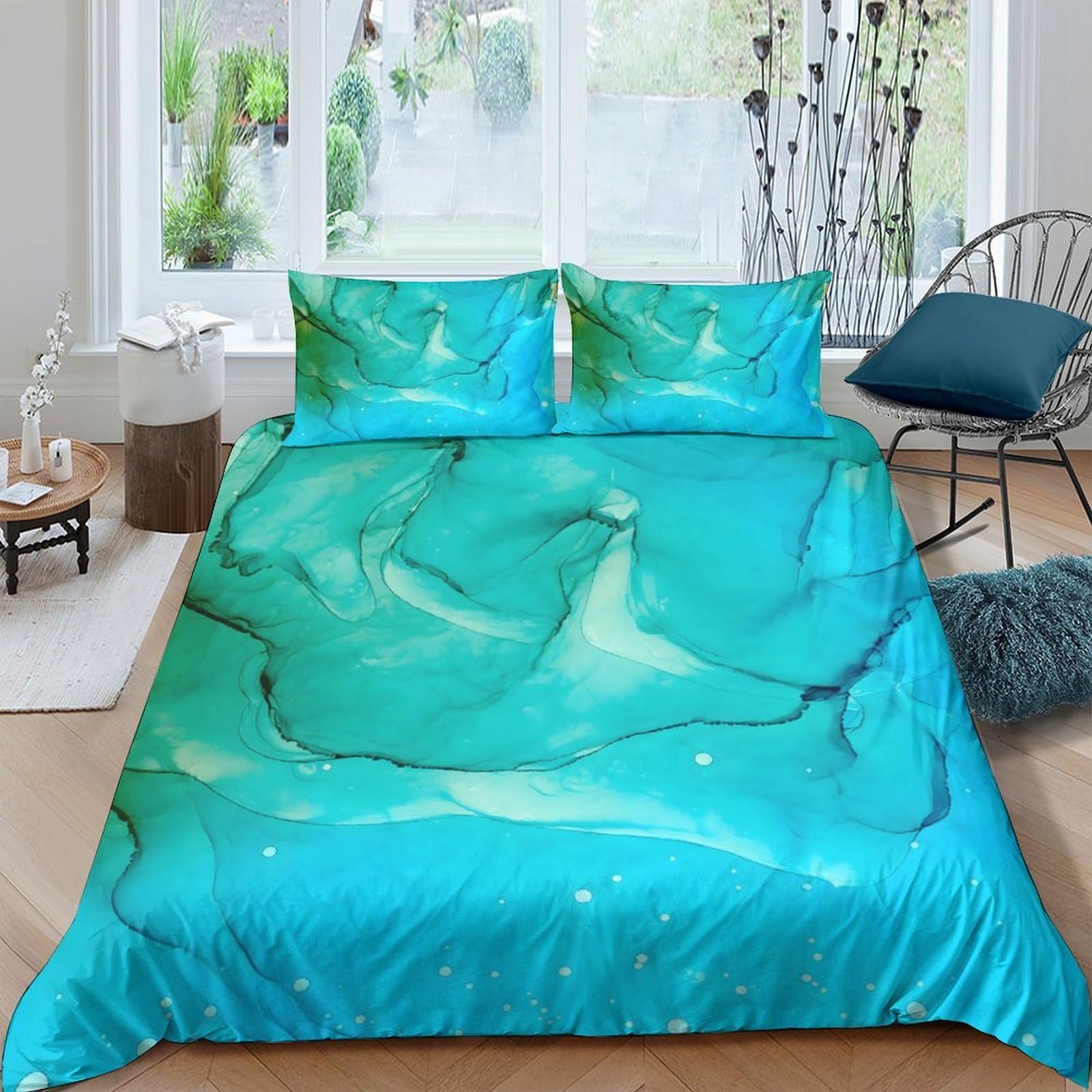 TUFRTGYHN 3D Printed Aqua Marble Duvet Cover Microfiber Soft Breathable Emerald Wave Bedding Set with 2 Pillowcases for Bedroom Decor Single（135x200cm）
