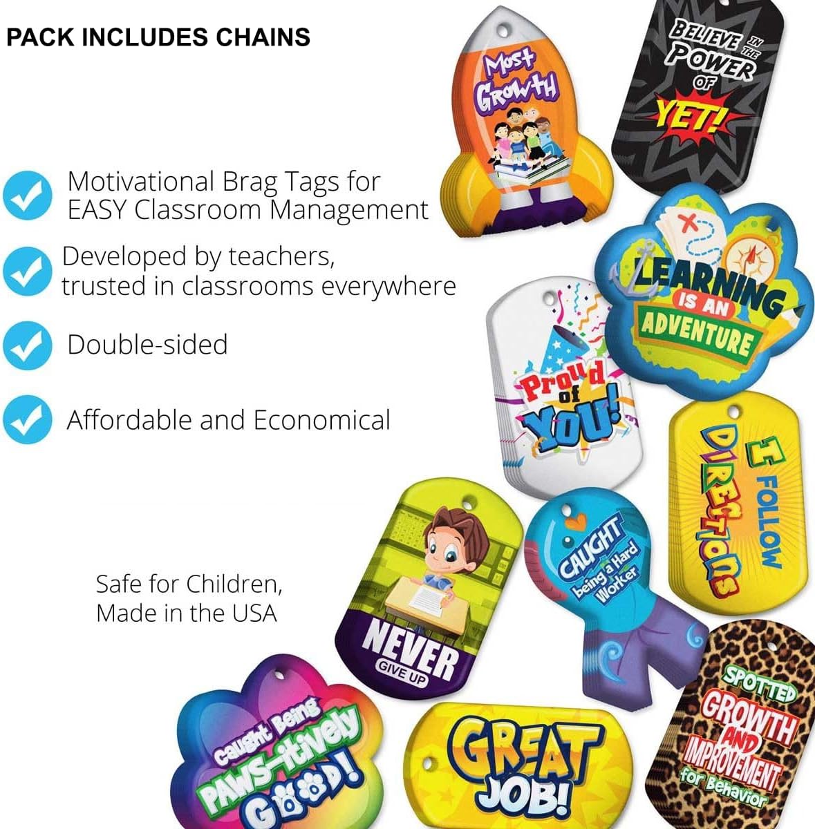 Promote, Recognize, & Reward Positive Student Behavior in School Classrooms Brag Tag Value Pack: 100 Tags (10 Tags for Each Shape) + 25 USA-Made 24" Hypoallergenic Aluminum Safety Chains