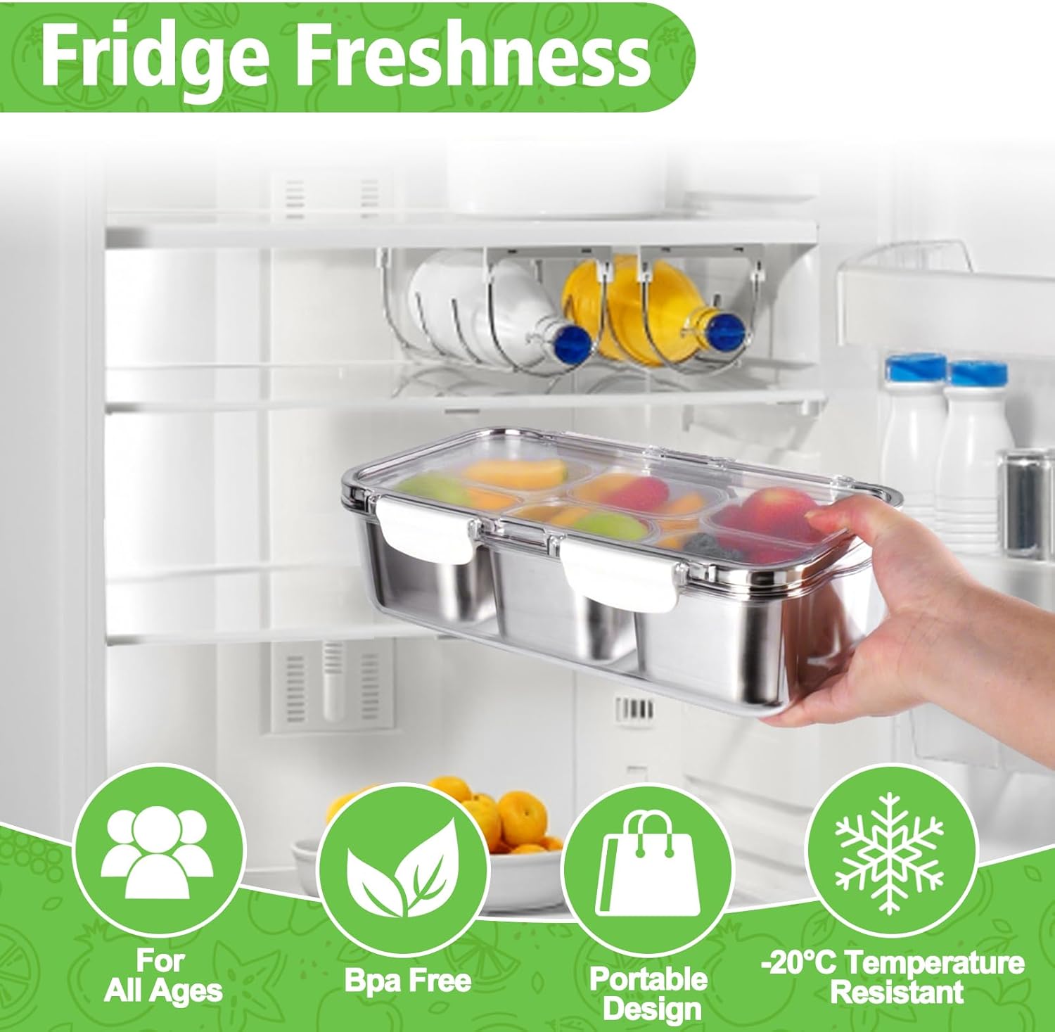 AIERSA Snackle Box Container, Stainless Steel Snack Containers with Lid, Dishwasher Safe Snackle Box, 6-Compartment Snack Boxes Container for Fruit, Divided Serving Portable Travel Food Snack Tray - Image 6