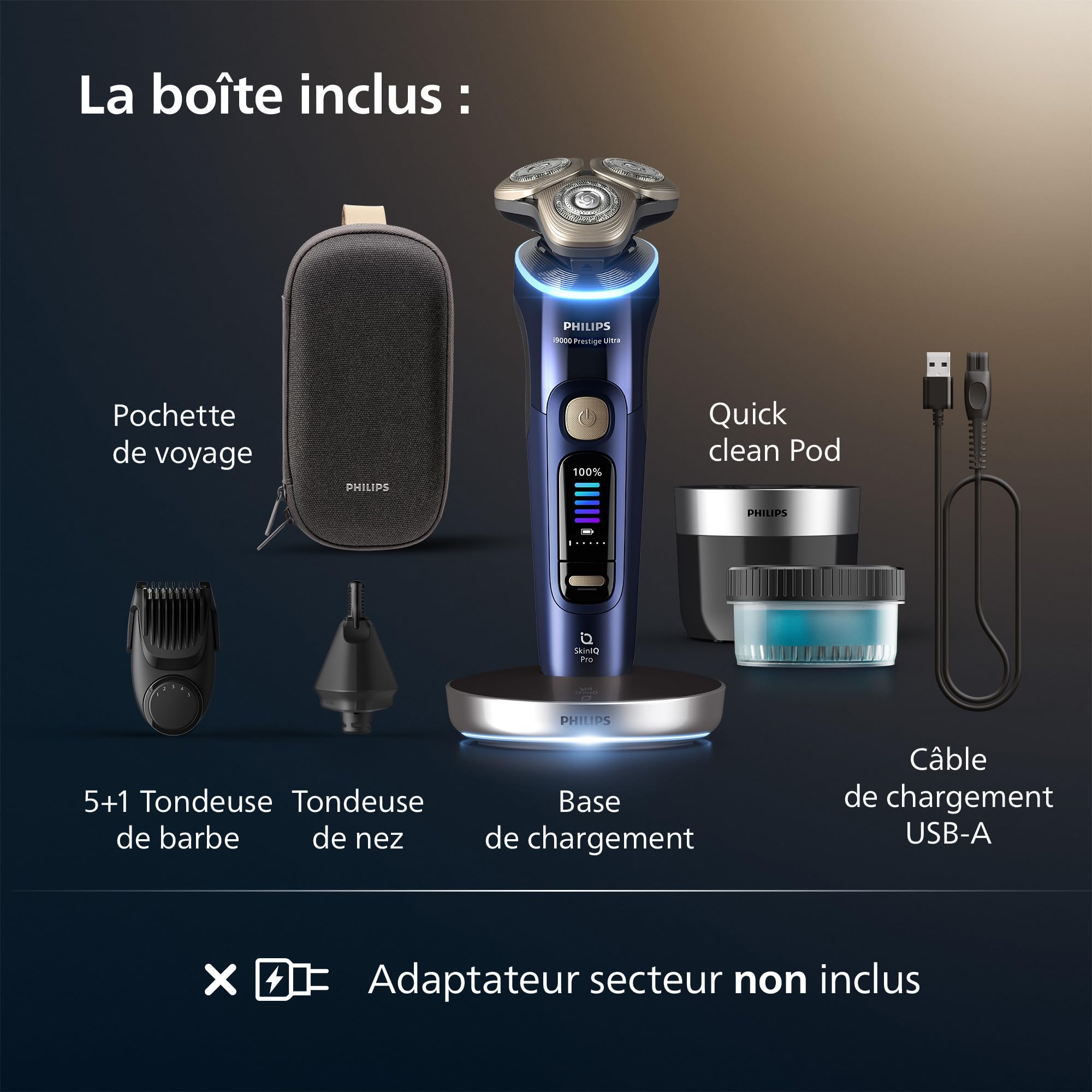 Philips Rasoir i9000 Prestige Ultra, Rasoir électrique 100% étanche, Technologie Skin IQ Pro, Système Triple Lift & Cut, Lames de précision NanoTech rotatives 360°, 5 modes de rasage, XP9401/38