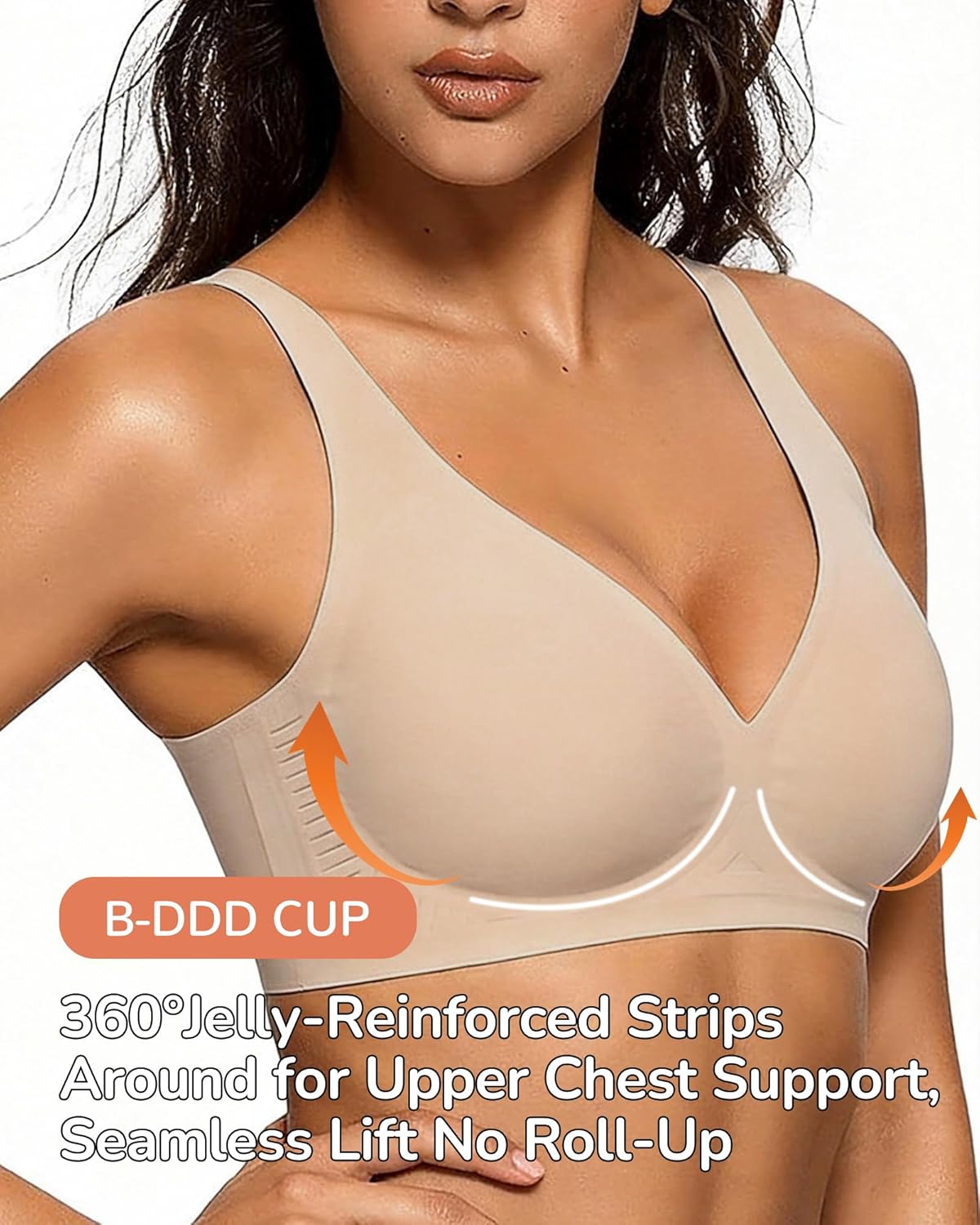 Womens Wireless Jelly Bra Plus Size Supportive Seamless Bras Full Coverage Push Up Comfy Deep V Everyday Bra, L, 38B, 38C, 38D, 36DD, Nude - Image 2