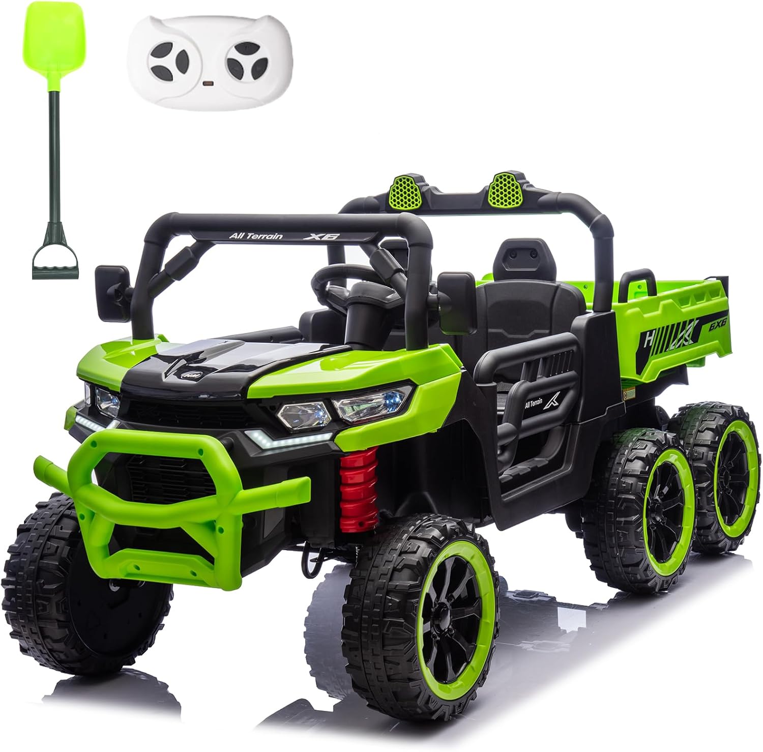 24V Side by Side 6 Wheel Ride On Dump Truck, 4WD Battery Powered Electric Car for Boys and Girls Outdoors with Remote Control, Bluetooth, Green