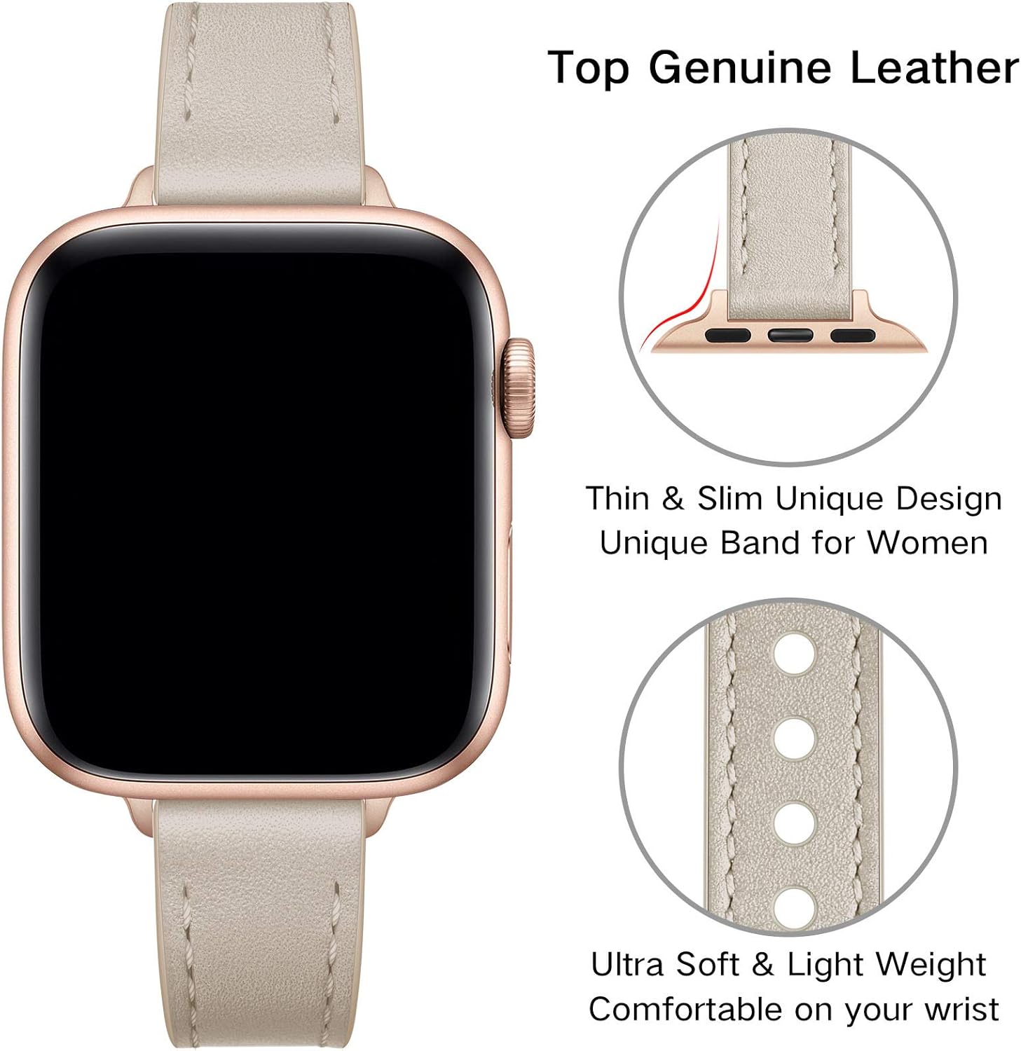 OUHENG Slim Bands Compatible with Apple Watch Band 42mm 41mm 40mm 38mm, Women Genuine Leather Replacement Thin Strap for iWatch SE 3/2/1 Series 11 10 9 8 7 6 5 4 3 2 1 (Ivory White/Rose Gold) - Image 3